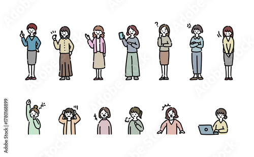 手描きイラスト：いろんな表情の女性