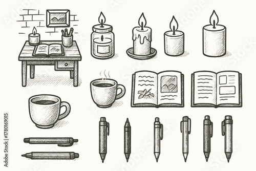 Desk notebook open cup cozy pens candle vector workspace doodle art icon