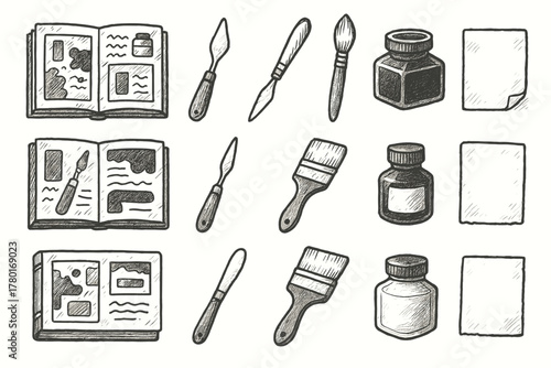 Icons icon mixed vector brush journal media knife ink art palette pot