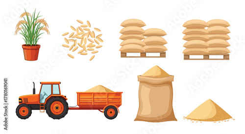 Illustrations depicting the rice farming and grain processing journey, from potted plants and raw grains to stacked sacks and a tractor with a trailer.
