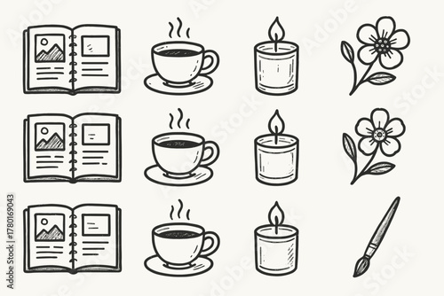 Weekend rough journal journaling flowers brush vector tea candle icon cup art