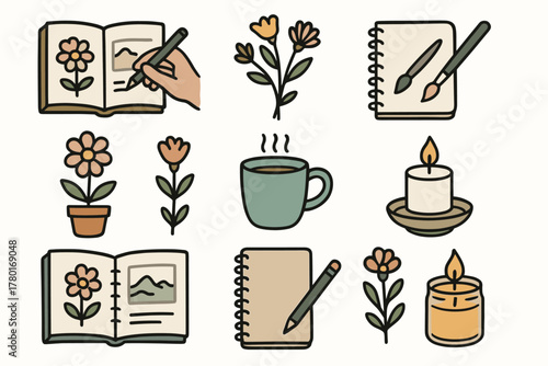 Scene journal relaxing candle flowers sketch pad journaling icon art cup vector