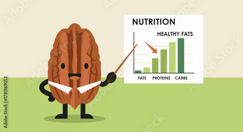 Animated Nut Presenting Nutritional Facts and Data Highlighting Benefits of Healthy Fats