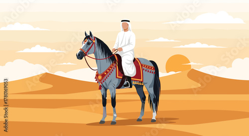 An Arabian man in traditional white attire, keffiyeh, and agal rides a majestic grey horse across the warm desert landscape at sunset.