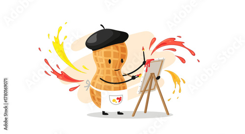 Animated Peanut Artist Painting Colors With Creative Artistic Expression on White Background