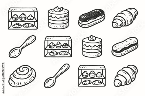 Icon bakery cake sketch spoon vector eclair dessert pastry set showcase layered