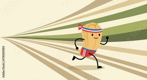 Animated Peanut Character Running Fast with Retro Stripes Background for Fitness and Healthy