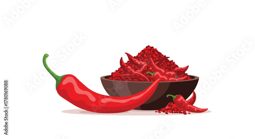 A vibrant red chili pepper next to a bowl brimming with fiery red chili powder and whole chilies, isolated on white.