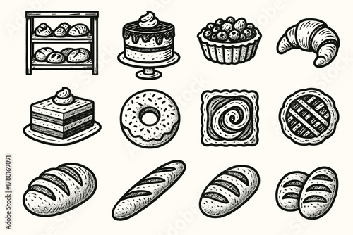 Vector scene loaves bread pastries cakes shelf set icon handdrawn bakery
