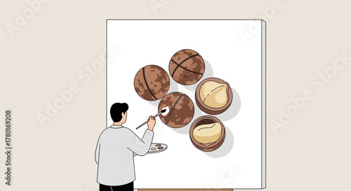 Artist Paints Delicious Macadamia Nuts Depicted On Canvas In Illustration Style