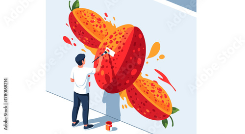 Artist Paints Vibrant Citrus Fruit Mural on Wall with Bright Colors and Artistic Flair