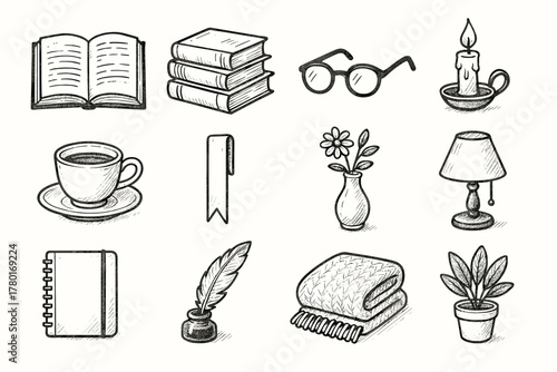 Flower books vector plant glasses pen cozy potted nook book candle icon