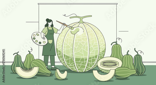 Artistic Depiction of a Melon: A Charming Illustration with a Painter in Green Tones