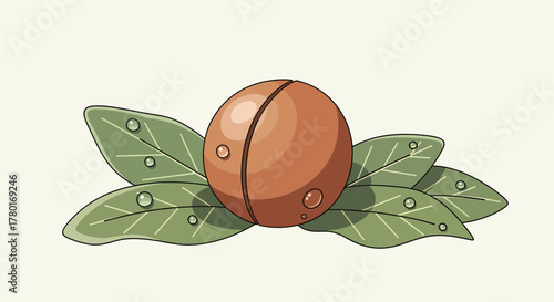 Artistic Depiction of a Nut Resting Among Green Leaves With Water Droplets