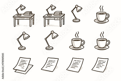 Icons pages scattered cup vector book table calm icon outline workspace reading