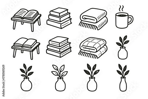 Icon mug moment pile blanket book study icons cozy vector vase