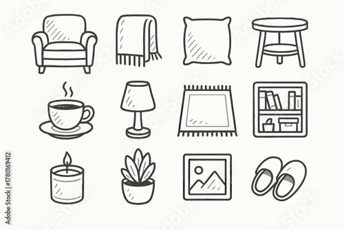 Candle icon armchair lamp slippers cozy living blanket side throw vector nook