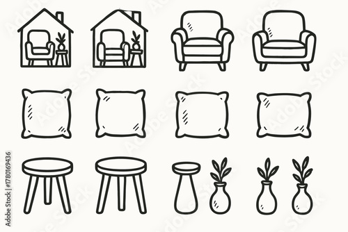 Icons vector home interior cushion living table small sketch vase icon chair