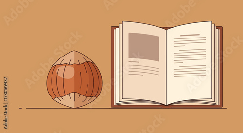 Autumnal Still Life Depicting Illustrated Hazelnut Alongside Book with Lines
