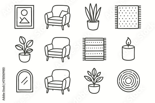 Cozy decor icon rug icons plant candle minimalist living armchair pencil handdrawn