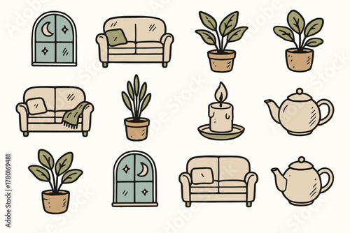 Teapot living cozy icon collection nook vector ambiance plant calm candle sofa