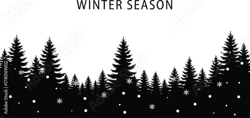 Silhouette of a winter forest with snow falling and the words winter season