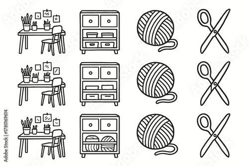 Vector yarn outline creative storage sketch scissors icons handdrawn craft cabinet corner