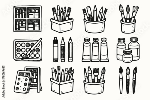 Brushes storage icon craft paint vector icons art tubes outline supplies doodle
