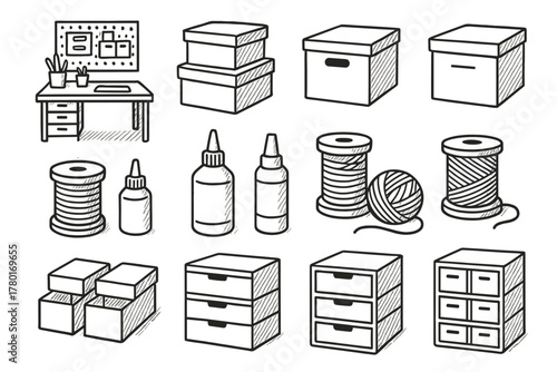 Glue icon boxes storage workspace craft icons organized sketch vector drawing thread