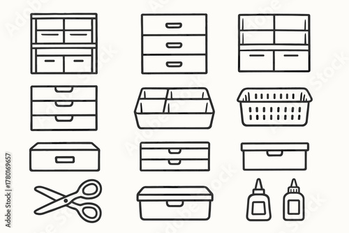 Organizer rough boxes craft sketch glue icons icon scissors minimal storage setup