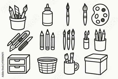Artistic storage set outline pencils icon tools pots brushes vector drawing craft