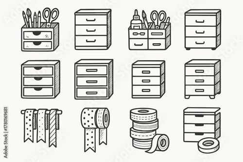 Ribbons minimal vector icon organizer icons tape storage drawers outline handdrawn craft