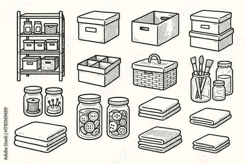 Rough vector folded storage icon boxes fabric shelf jars craft artistic icons