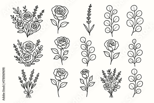 Lavender grid eucalyptus romantic rough floral set icon rose handdrawn vector