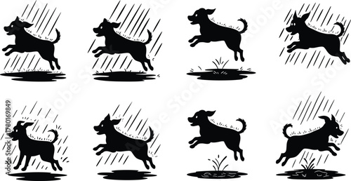 Dog silhouette running, jumping in rain, puddle splash, wet ground, playful pet, energetic motion, black vector, white background, dog movement, rainy day, dog clipart, leaping dog, canine  
