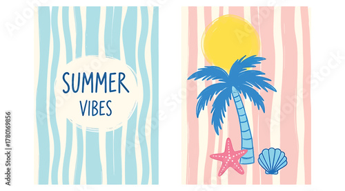 Embrace the summer vibes with palm trees, sun, and beachy elements, a perfect blend of relaxation and tropical charm, ideal for creating a carefree atmosphere