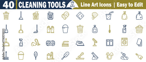 Cleaning Tools Line Art Icons Vector Set. 40 Sanitation Utensils for Tidying, Disinfecting, Scrubbing, and Polishing illustration elements. 