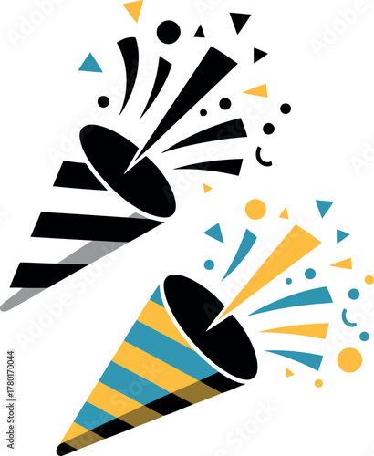 Two party poppers exploding with confetti and streamers celebration explosion