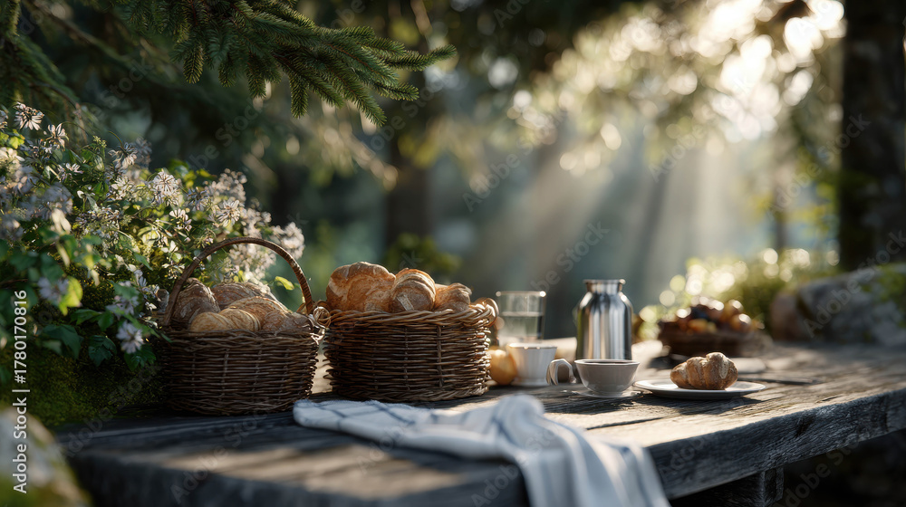 Fototapeta premium Peaceful Breakfast Setting on a Wooden Table Under a Pine Tree Surrounded by Nature with Fresh Bread, Coffee, and Flowers in Soft Morning Light