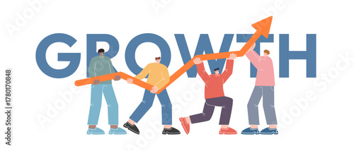 Team of diverse people working together to lift and raise arrow pointing upward symbolizing business growth success and positive results teamwork achievement