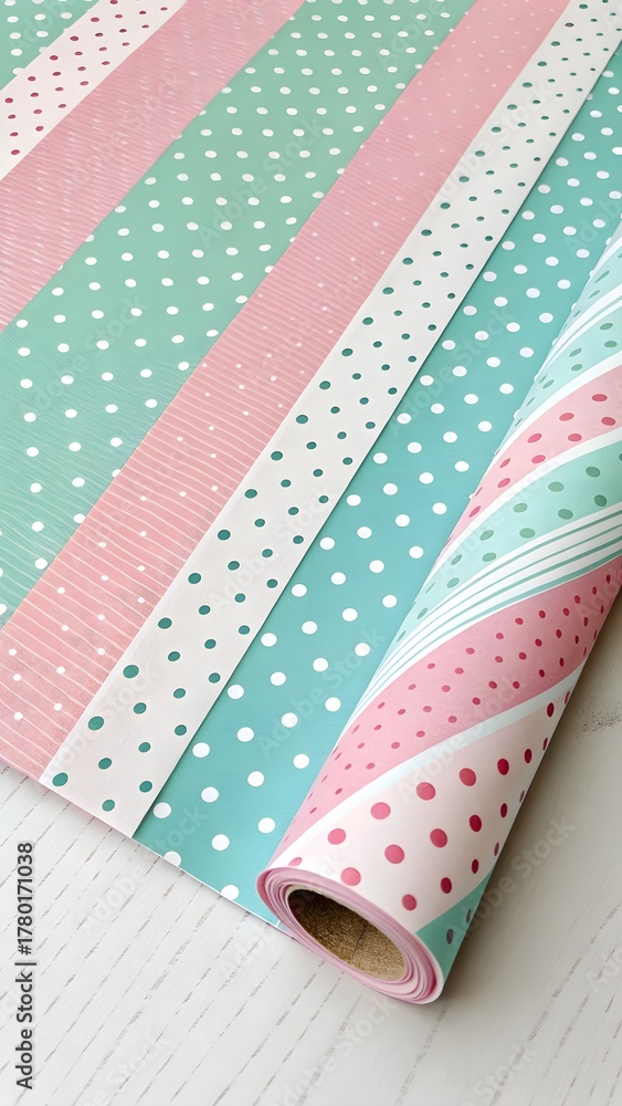 Obraz premium Striped & Dotted Hybrid Pattern in Bold Pastels. Seamless pattern combining stripes and dots in vivid pastel colors over wrap-paper texture—modern and playful design.