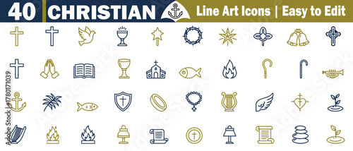 Set of 40 Christian Church Line Art Icons. Collection Symbolic Religious Elements in Outline Style Vector Symbols Illustration.