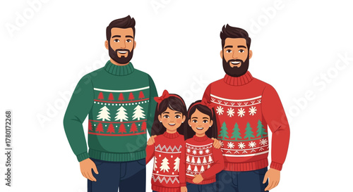 Family in holiday sweaters two dads  two girls celebrate festive season
