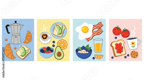 A delightful array of breakfastthemed illustrations featuring coffee, avocado toast, eggs, bacon, and pastries, each rendered in a cheerful, cartoon style with bright colors and playful details