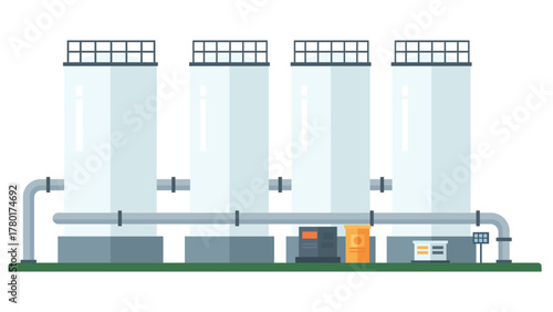 Flat design illustration of industrial gas storage facility showing large tanks and pipeline network for CO2 or energy process plant in clean technology concept