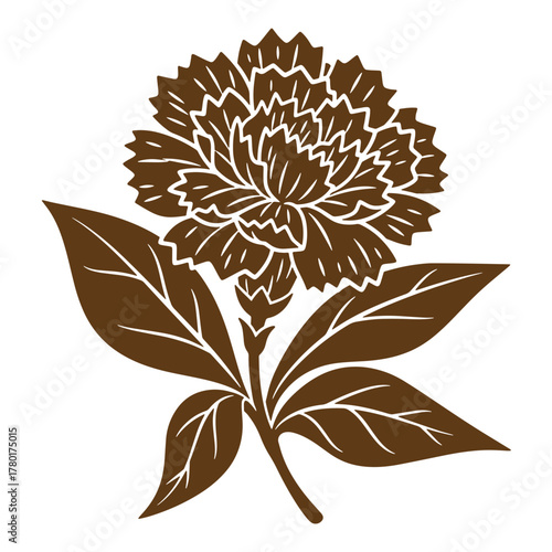 Elegant vintage art illustration of a brown carnation flower with leaves on white background