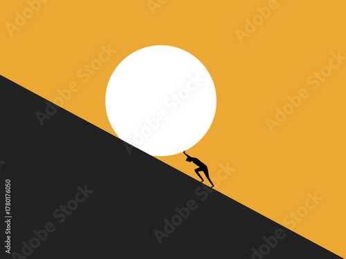 businessman tries to push a stone ball up a hill