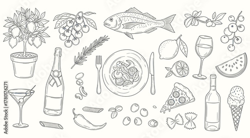 Fotografia A delightful assortment of culinary delights, featuring fish, pasta, pizza, wine