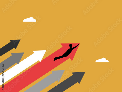 Businessman flying with a growth graph group