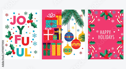 Festive holiday cards featuring joyful greetings, gift boxes, ornaments, and candy canes, perfect for spreading cheer and warmth during the christmas season